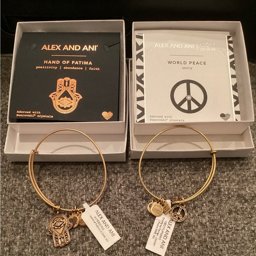 Alex & Ani Bracelets (2) in Bronze-Hand of Fatima & UNICEF Peace Sign NWT